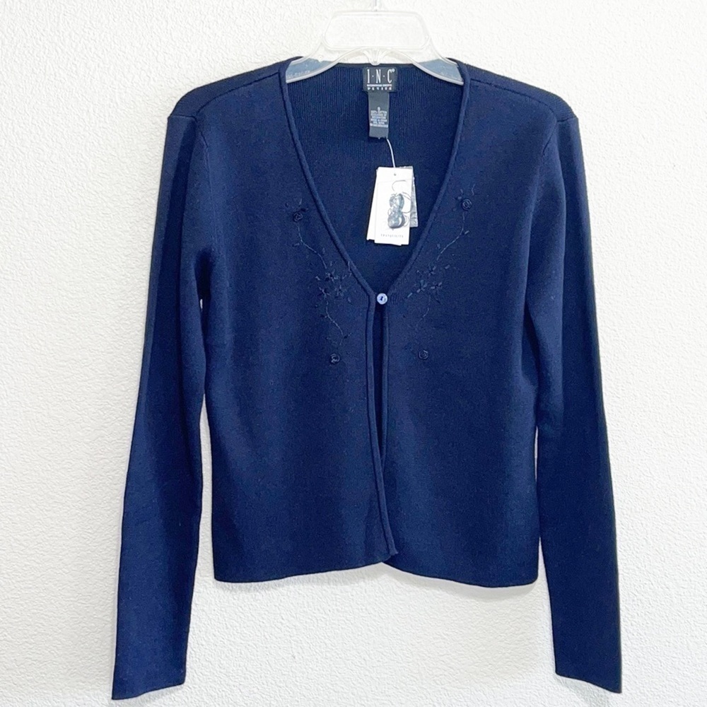 NWT INC Petite Woman Navy Blue One Button Cardigan Size S